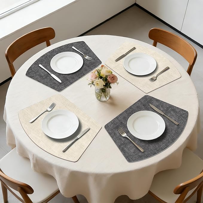Round Table Placemats Set of 4, Dual-Sided Wedge Shape Faux Leather Table Mats, Washable Wipeable Heat Resistant Place Mats for Outdoor Indoor, Beige Gray