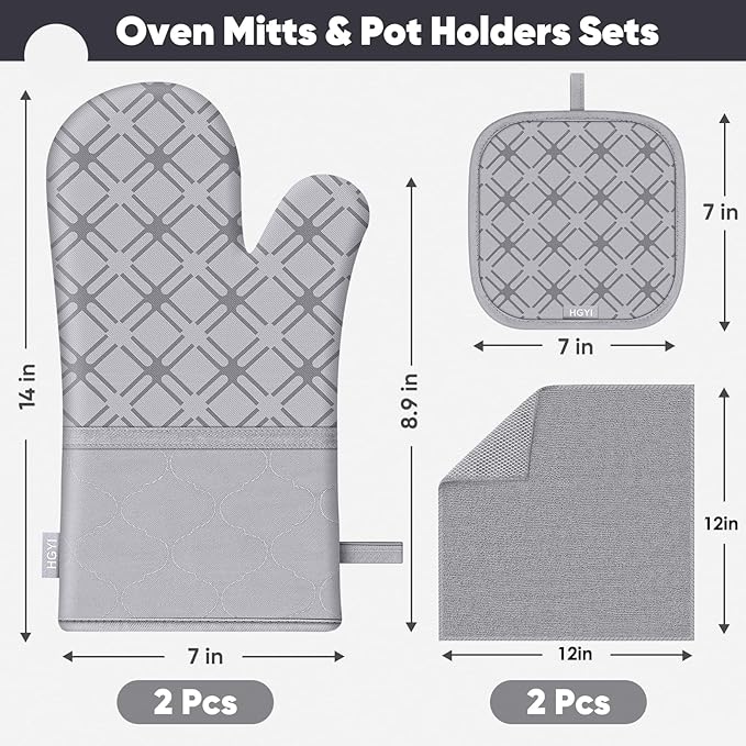 Oven Mitts and Pot Holders Set with Dishcloths, 500 Degree Heat Resistant Oven Gloves and Hot Pads, Premium Soft Cotton Kitchen Mittens and Dish Cloth Sets-Grey