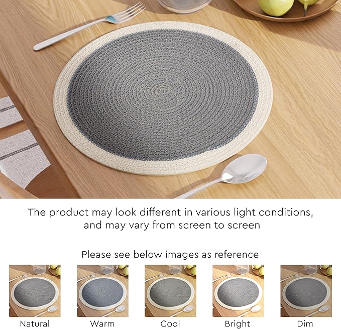 Encasa XO Dining Placemats Set of 6 | Cotton Round Table Mat - 13 in Diameter | Light Grey & Off White | Handmade Rib Style Chargers for Dinner Plates