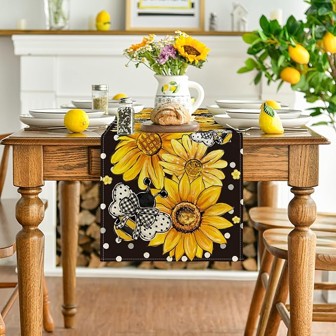 Artoid Mode Black Sunflower Bee Flower Polka Dot Summer Table Runner, Seasonal Kitchen Dining Table Decoration for Indoor Party Home 13x72 Inch