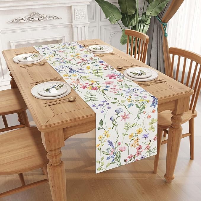Watercolor Flowers Spring Table Runner Spring Summer Easter Flower Floral Home Kitchen Dining Room Table Decorations 13x72 Inch