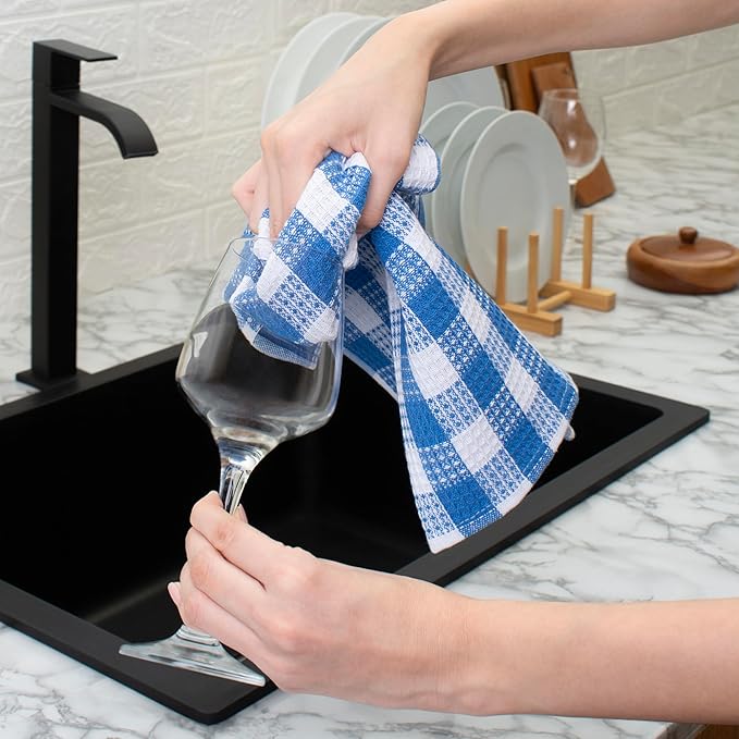 Blue Needles Set of 4 Waffle Weave Kitchen Towel, 15x25 Inches 100% Cotton Check Plaid Dish Towels for Kitchen, Soft & Absorbent for Quick Drying with Hanging Loop, Spring Summer - Sky Blue & White