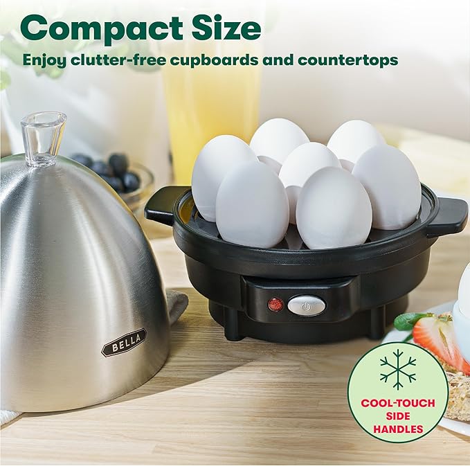 BELLA Rapid Electric Egg Cooker and Omelet Maker with Auto Shut Off, for Easy to Peel, Poached Eggs, Soft, Medium and Hard-Boiled Eggs, 7 Egg Capacity Tray, Single Tier, Black & Steel