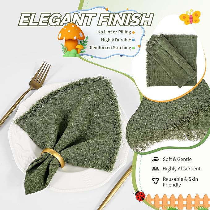 Showgeous 10 Pack Olive Green Cloth Napkins with Fringe 16x16 inch 100% Cotton Green Napkins Handmade Dinner Napkins Bulk Washable Soft Rustic Table Napkins for Wedding Parties Bridal Baby Shower