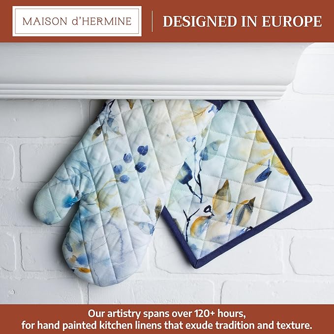 Maison d' Hermine 100% Cotton Oven Mitt & Pot Holder Set (7.5"x13" & 8"x8") Heat Resistant Cooking Gloves with Loop Baking Grilling Kitchen Gifts for Mothers Day Spring/Summer (Lazy Summer Days)