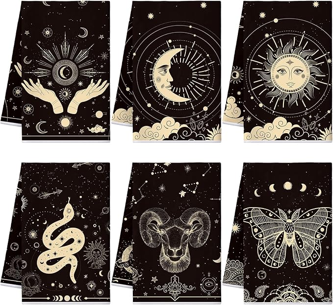 Bencailor 6 Pcs Retro Kitchen Towels 15.7 x 23.6 Inch Farmhouse Vintage Hand Towels Decorative Absorbent Dish Cloth for Bathroom Decor for Cooking Baking Cleaning(Black, Gold,Bohemia)