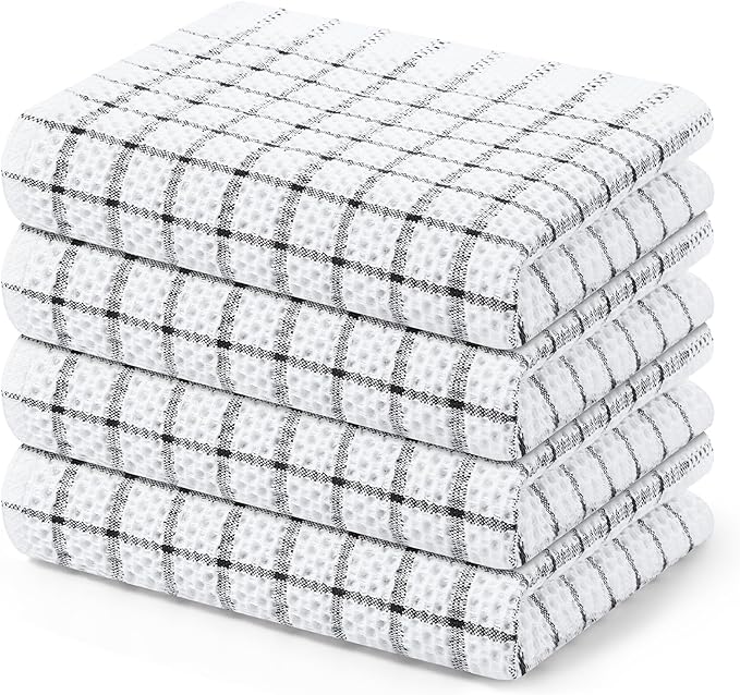 Homaxy 100% Cotton Kitchen Towels 4 Pack-15 X 25 Inches, Check Design Waffle Weave Hand Tea Towels, Super Soft and Absorbent Dish Towel for Drying Dishes, Black