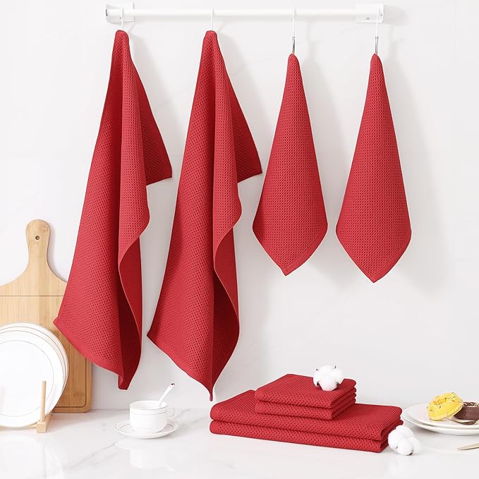 Homaxy 100% Cotton Kitchen Towels and Dishcloths Set, 12 x 12 Inches and 13 x 28 Inches, Set of 12 Bulk Kitchen Towels Set, Ultra Soft Absorbent Dish Cloths for Washing Dishes, Red