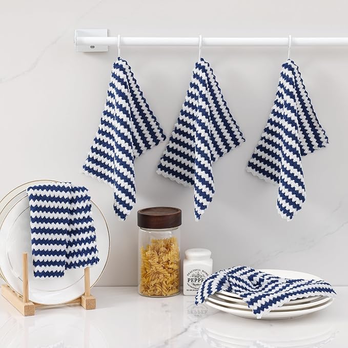 Homaxy 12 Pack Kitchen Dish Cloths, Ultra Soft and Absorbent Dish Towels, Reusable Fast Drying Microfiber Cleaning Cloth, Coral Velvet Wave Design No-lint, 7 x 9 inches, Navy Blue