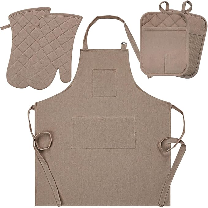 Oven Mitts and Pot Holders with Cooking Apron Set of 5, Heat Resistant Kitchen Gloves and Silicone Non-Slip Potholders, Adjustable Neck Buckle Chef Apron, Cotton Nice Design for Cooking (Coffee)