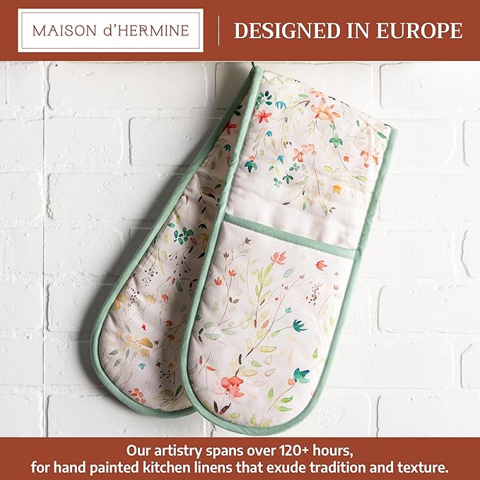 Maison d' Hermine Double Oven Mitts 100% Cotton 7"x35" Double Oven Mitt Heat Resistant BBQ Cooking Gloves with Loop Baking Grilling Gifts for Mothers Day Spring Summer (Colmar)