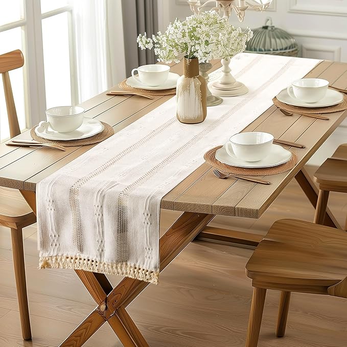 Table Runner, Boho Table Runner Cotton Linen Table Decorations, Farmhouse Table Runners with Tassels for Bohemian Wedding Bridal Shower Rustic Home Dining Table (12x72, White)