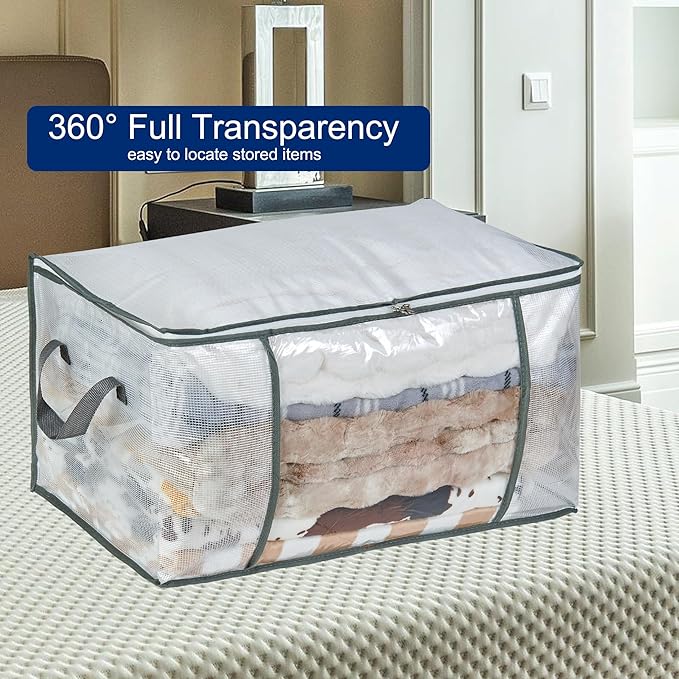 MKOKYD 80L Clear Large Storage Bag, Clothes Storage Containers for Organizing Closet, Bedroom, Underbed, Comforters, Clothing, Blankets, Pillow, Foldable Organizer with Sturdy Handle and Zippers (4)