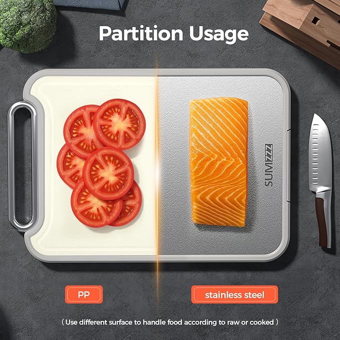 Sumzzz Stainless Steel Cutting Board for Kitchen, 2-in-1 Double-Sided Chopping Board, Food Grade Stainless Steel/PP, Easy to Clean, Large Size, Non-Slip, 16”×11”