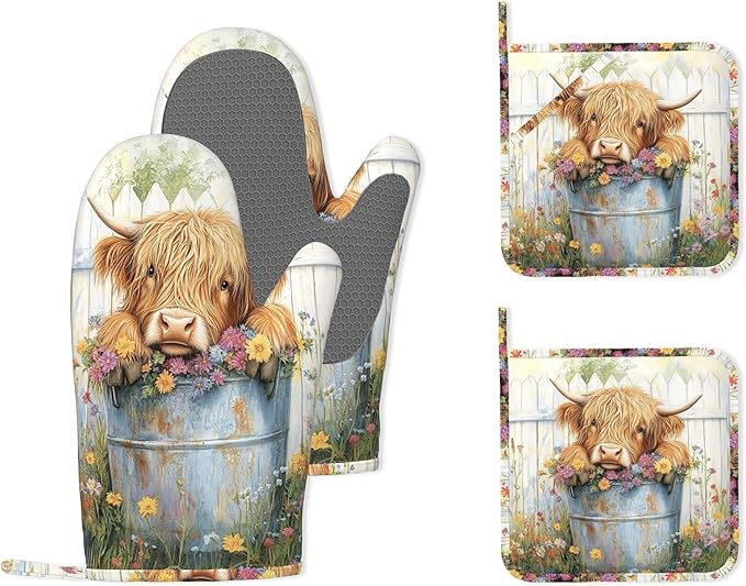 Cute Highland Cow Flowers Garden Heat-Resistant Silicone Oven Mitts and Pot Holders 4 Piece Set,Extra Long Non-Slip Kitchen Oven Gloves for Cooking, Baking, BBQ,Grilling