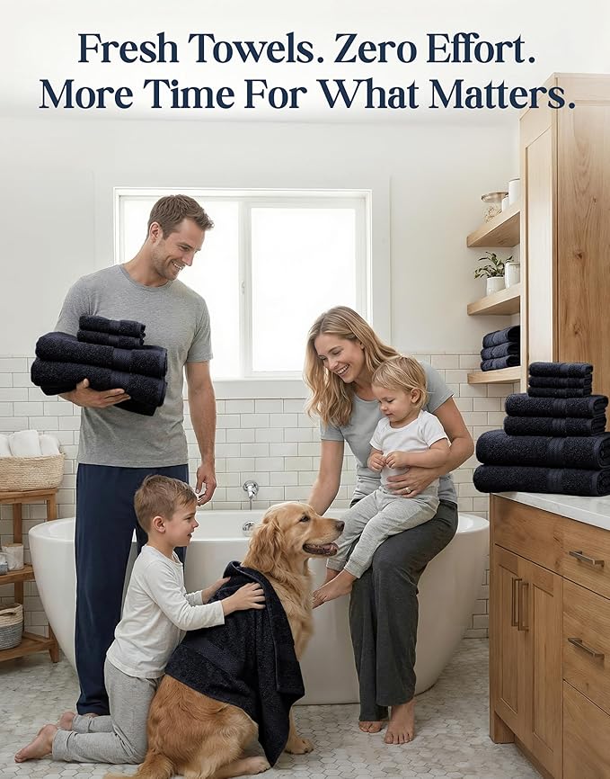 Lane Linen Bathroom Towels Sets - 24 PCs - 100% Durable Cotton Towels - Absorbent & Quick Drying - 4 Bath, 4 Fingertip, 6 Hand Towel, 8 Washcloth, 2 Bath Sheet - Housewarming Essentials - Black Towels