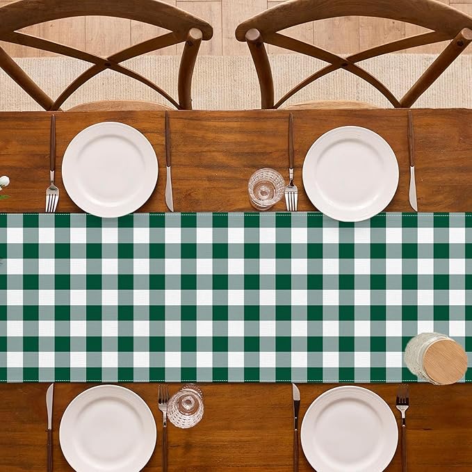 Green and White Gingham Table Runner Golf Let's Partee Checkered Decoration Hunting Christmas St. Patrick's Day BBQ Picnic Home Kitchen Table Decor