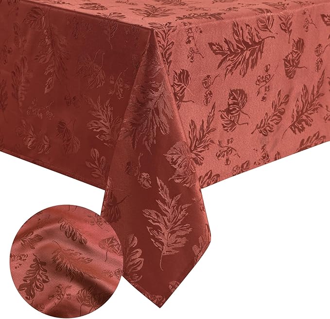 Elrene Home Fashions Elegant Woven Leaves Jacquard Damask Wrinkle Resistant Tablecloth, 60" x 144", Oblong, Spice Red