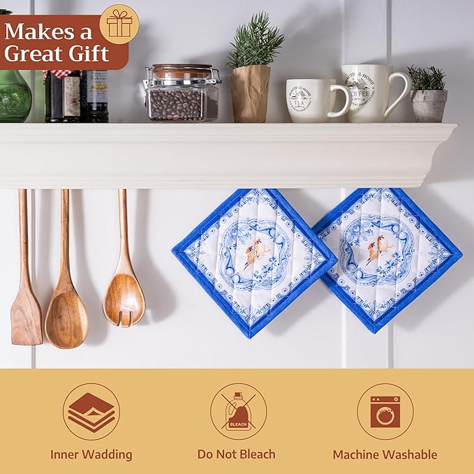 Maison d' Hermine Pot Holders 100% Cotton Heat Resistant Potholders 8" x 8" Hot Pads with Loop Cooking Baking Gifts for Mothers Day Handling Hot Pans Spring/Summer (Pack of 2, Amsterdam Canals)