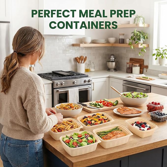 100 Piece (50 Pack) Meal Prep Containers with Lids, 28 oz Cornstarch Food Storage Containers Plant-based Lunch Box for Salad,BPA Free Plastic Take Out Containers Microwave and Freezer Safe