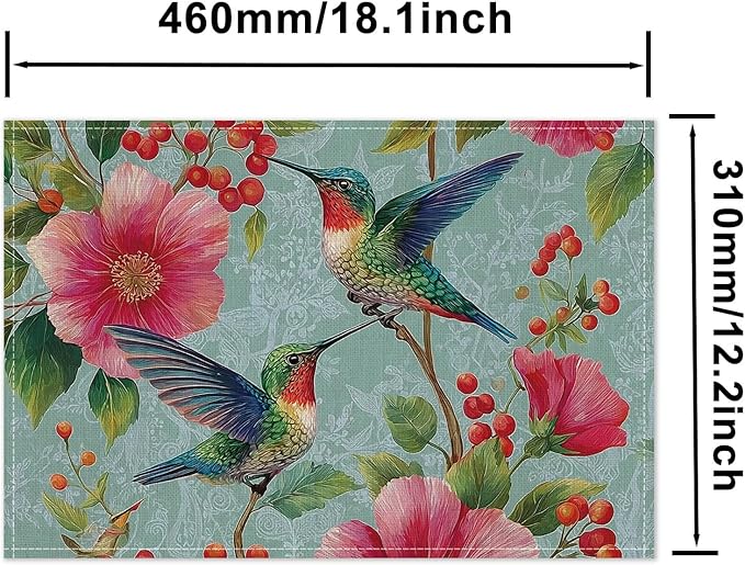 HOMETITUTE 12x18 Inch Placemats Set of 4 Linen Hummingbird Floral Spring Summer Washable Table Mats Place Mats Decorative Farmhouse Autumn Placemats Set Kitchen Dining Table Decor