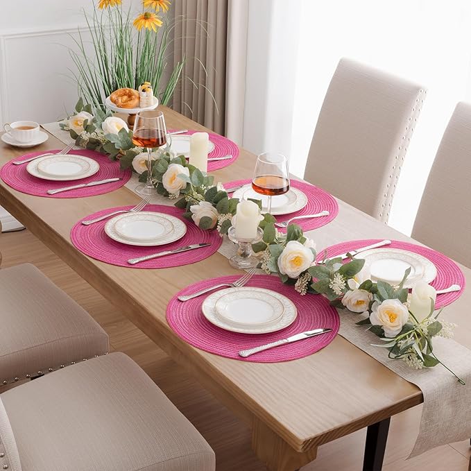 SHACOS Round Placemats Set of 8 Braided Cotton Polyester Table Placemat 15 inch Circle Place Mats for Kitchen Dining Table Holiday Party (Hot Pink, 8)