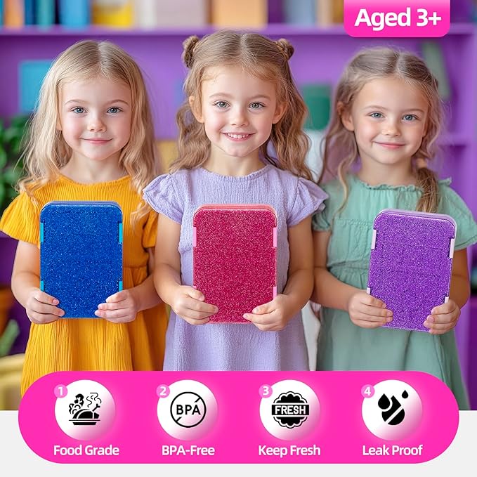 Bento Lunch Box for Kids, Plastic Lunch Box Case 5/6 Tritan Compartments, BPA free, Ideal Portion Sizes for On-the-Go Meal, Shiny Rose and Clear