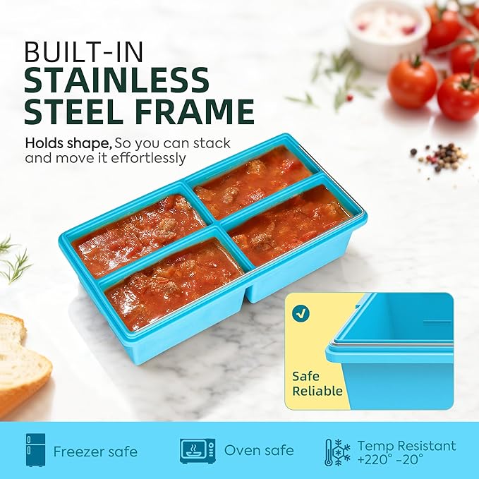 Silicone Freezer Molds for Soup with Lid - 1 Cup Capacity Soup Freezer Container, Large Ice Cube Mold - With Reinforced Steel Ring Top Lid, Oven and Dishwasher Safe, Freeze and Store Food - 2-Pack