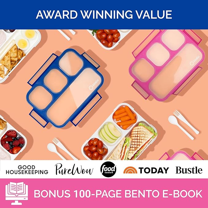 Bento Lunch-Box For Kids And Adults: Lunch Boxes With 4 Sealed Compartments, Divided Containers For Boys Girls Women Men - School Work Portion Container, Utensils, Blue + Rose Pink 2 Pack Set