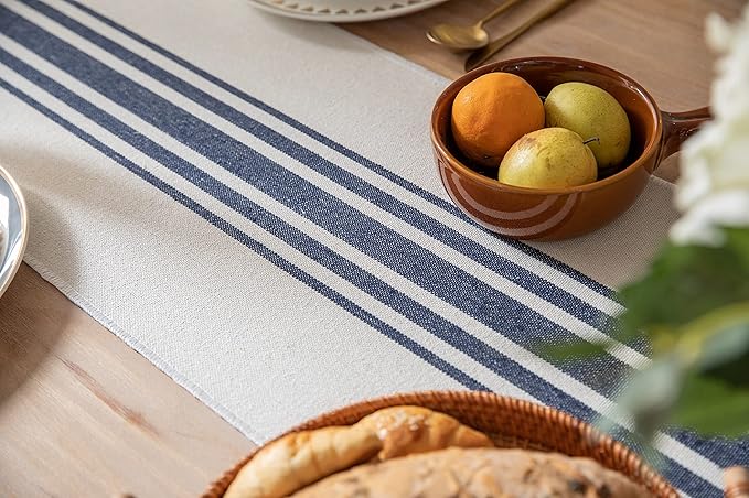 Boho Table Runner for Modern Farmhouse Decor, Dining Table décor 13 x 90 Inch Long with Handcrafted Tassels, Navy Blue and Beige Stripe Table Runner for Home Boho décor