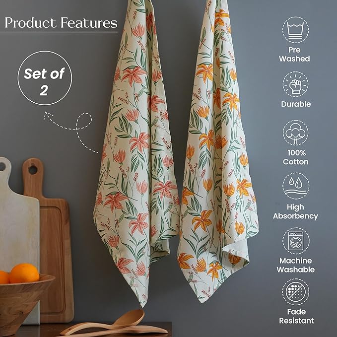 The Fine Living Co. 100% Cotton Kitchen Towels Set of 2, 18 x 28 inches, Ornamental Printed Dish Towel, Hand Towels, Boho Tea Towels, Kitchen Towels- Multifunctional, Stylish, Absorbent, Soft