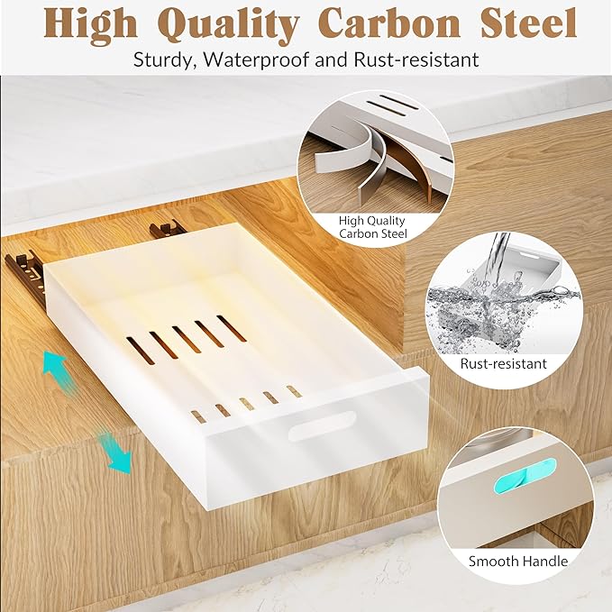 HBL' 2 Pack | 21" Deep Pull Out Cabinet Organizer Adhesive, 12-Inch Wide Sturdy Carbon Steel Roll-Out Drawers, Designed for Frameless Cabinets, Slide-Out Shelves for Pantry.