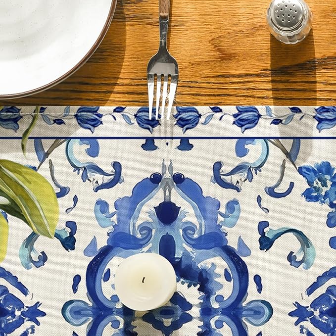 Artoid Mode Lemon Blue and White Porcelain 210 GSM Summer Table Runner, Seasonal Spring Kitchen Dining Table Decoration for Home Party Decor 13x120 Inch