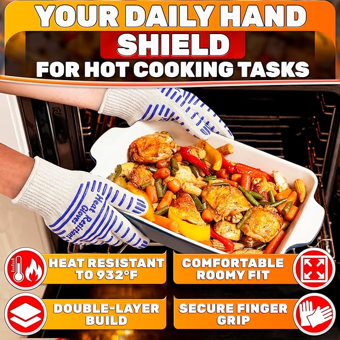 Heat Resistant Gloves - Aramid Oven Gloves with Fingers for Cooking & Grilling, Lightweight BBQ Gloves with Cotton Lining, Non-Slip 9.45x3.94 Kitchen Mitts for Baking & Frying, Kitchen Gift for Chefs