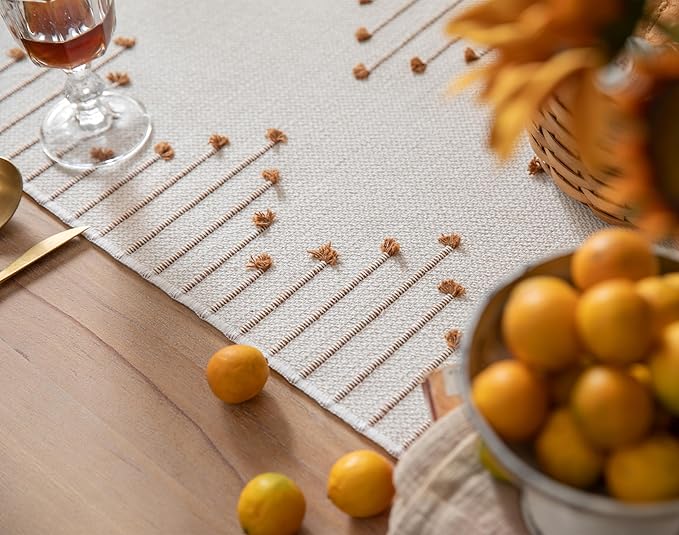 Boho Table Runner 13 x 108 Inch Long Natural Cotton Woven Runner with Tassels for Home Dining Table décor, for Modern Farmhouse Decor Coffee Table Runner, Brown and Beige