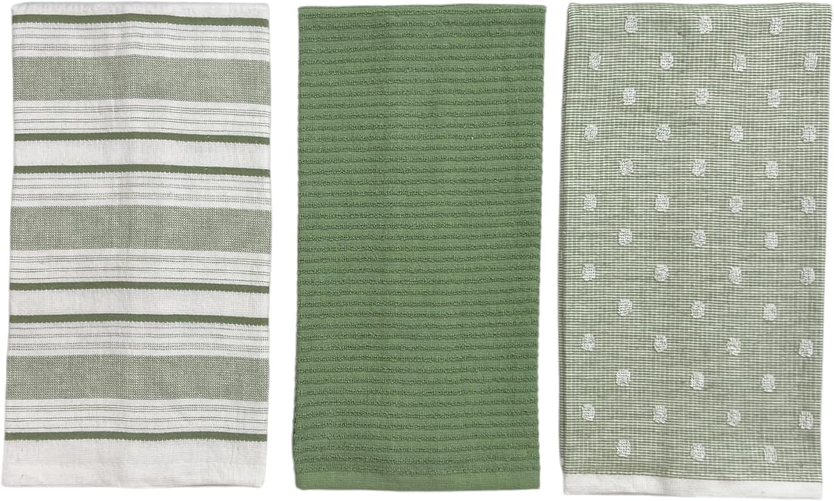 Sage Green White Kitchen Hand Dish Towels: Oversized 28" x 16",100% Cotton Cloth Soft Cleaning Drying Absorbent Striped Solid Polka Dot Design, Set of 3 Multipurpose for Everyday Use (Green Austin)