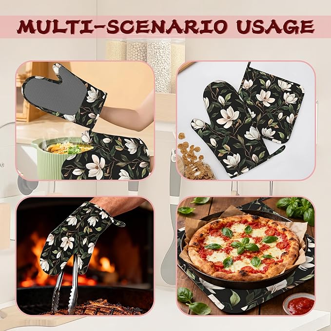 White Magnolia Oven Mitts and Pot Holders (4PCS),Heat Resistant Non-Slip Silicone Kitchen Gloves for Cooking, Baking, BBQ Waterproof Kitchen Accessories