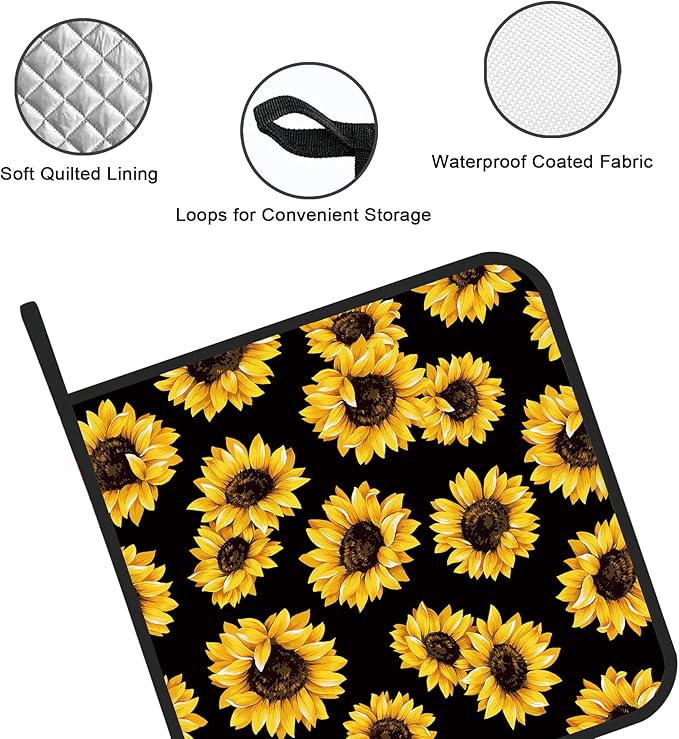 Sunflower Floral Pot Holders Set of 2 Kitchen Heat Resistant Potholder for Microwave Cooking Baking Oven End Dishes and BBQ