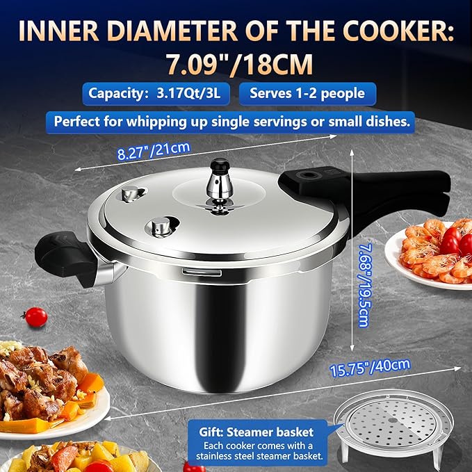 3 Quart Premium Stainless Steel Pressure Cooker | Food-Grade MINI Stainless Steel, Induction Compatible, Safe & Durable Small Pressure Cooker for 2-3 People