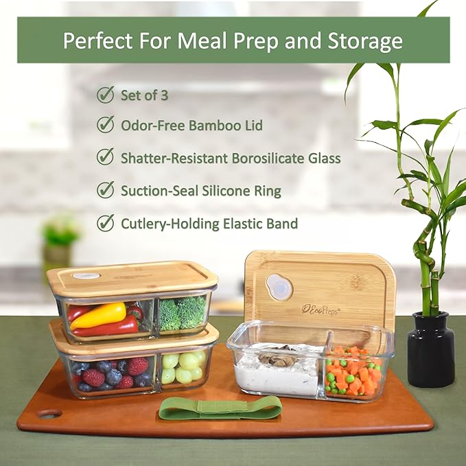 EcoPreps Glass Meal Prep Containers with Bamboo Lids, 2 Compartment Glass Bento Box Container Set (3 Pack) | 100% Plastic Free, Eco-Friendly, Lunch Containers with Lids Made of Bamboo - Set of 3