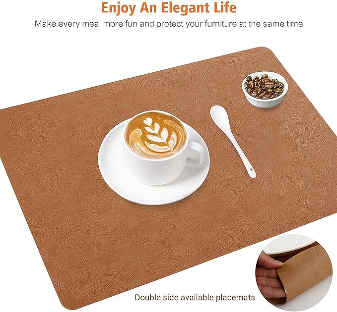 Vinyl Placemats Set of 4 Heat Resistant Easy Clean Non-Slip Place Mats for Dining Table Faux Leather Waterproof Stain Resistant Wipeable Washable PVC Table Mats(4, Light Brown)