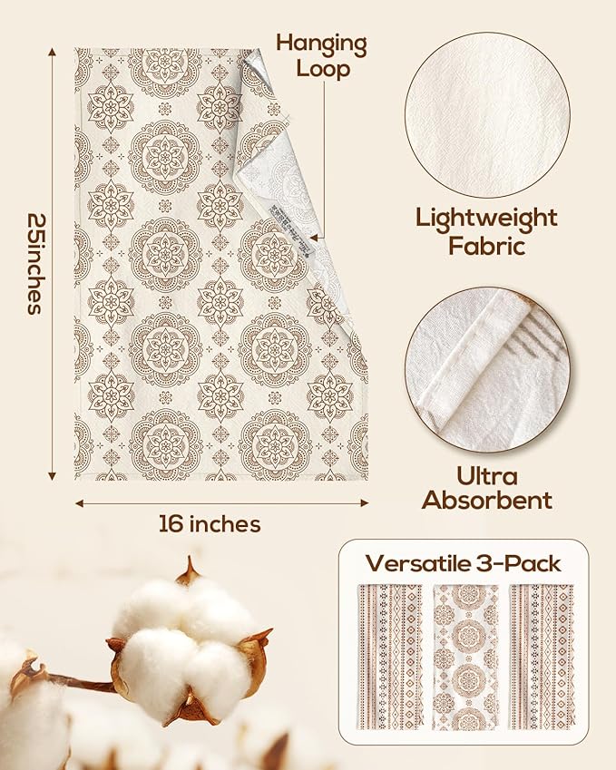 Miss Adola Neutral Flour Sack Kitchen Towels - 3 Pack 18"x 26" Cotton Farmhouse Fast Drying Decorative Hand Tea Towel Dishcloth with Hanging Loop for Home Decor Housewarming Gift, Bohemian