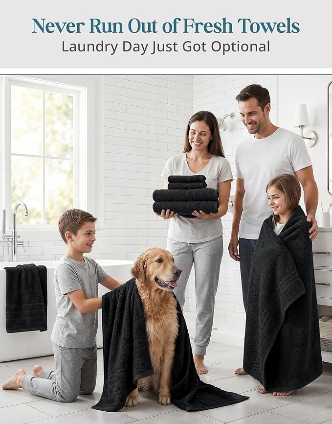 CASA PLATINO 100% Cotton Towel Set for Bathroom - 12 Piece - Super Soft, Hotel Quality - 4 Bath, 4 Wash Cloths, 4 Hand Towels for Bathroom - Classic, Best Value Pack, Ideal for Spa & Daily Use - Black