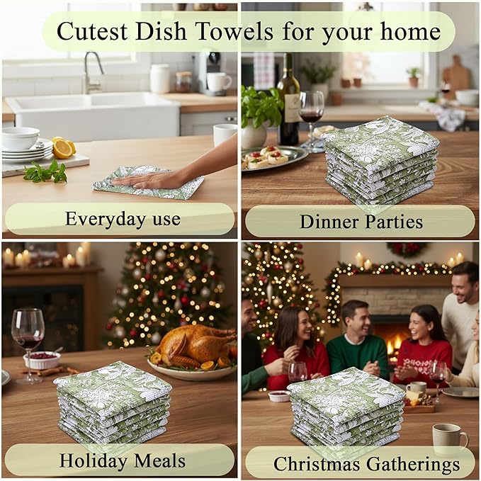 CPC Olive Green Hand Block Printed Cotton Waffle Dish Cloth Set of 6-12x12 Inch Super Absorbent, Soft, Reusable Kitchen Towels for Dish Drying & Cleaning Ideal for Spring, Mother's Day