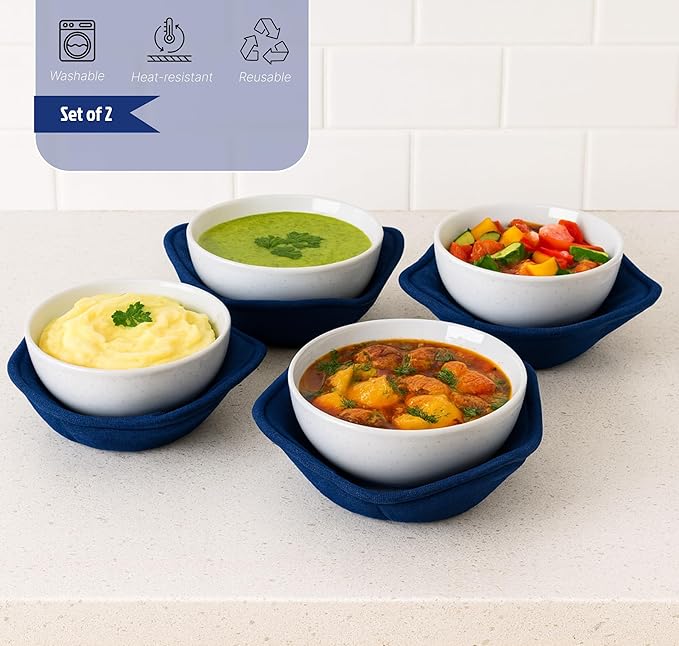 Set 2X Dark Blue 7" sq. x 4"H Microwave Polyester Bowl Holder Potholders - Microwavable Soup Bowls Cozy - Hot Pads Holders for Hot Food Quilted - Bowl Cozies for Microwave Kitchen Accessories, Gadgets