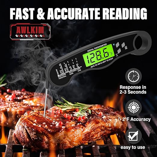 AWLKIM Digital Meat Thermometer - Fast Instant Read Food Thermometer, Waterproof Kitchen Thermometer with Backlight & Hold Function for Cooking, Candy Making, Outside Grill