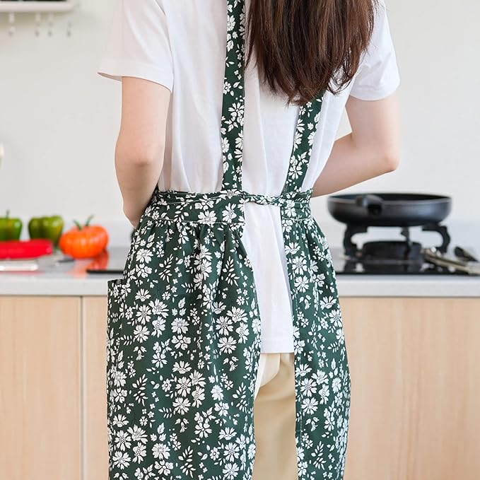 Pinknoke Vintage Pinafore Apron Dress for Women with Pockets Cute Floral Chef Aprons for Kitchen Cooking Baking Gardening