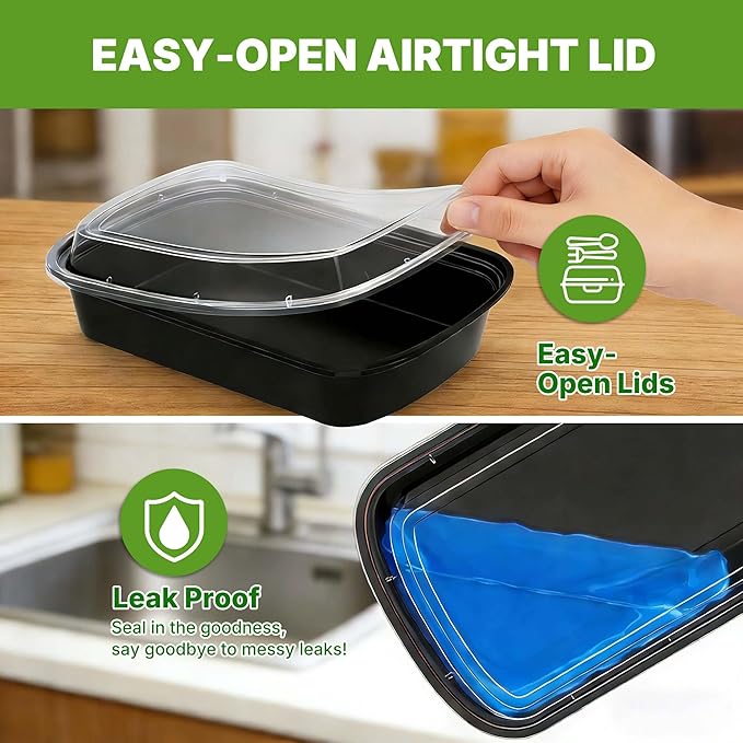 Meal Prep Containers with Lids, Reusable 38oz Rectangle Food Storage, Sturdy Leakproof & Food Safe, Microwave Freezer Dishwasher Safe, To-Go Takeout Plastic Containers, 50 Pack (100-Piece) – 60830