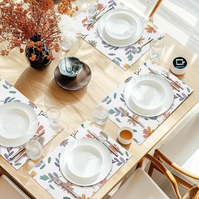 Cotton Linen Waterproof Placemats Set of 4, Daisy Floral Dining Mat Table Mats Decor Fabric for Kitchen Dinner Coffee Shop Table, Indoor/Outdoor Washable Wipeable Placemat -N023