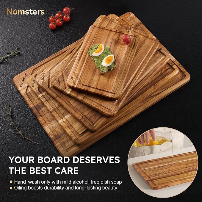 5 Pack Teak Wood Cutting Board Set for Kitchen with Holder Charcuterie Board Serving Heavy Duty Non Toxic Slip Hardwood Over Sink Solid Thick Wooden Chopping Board Large Big Small Best Essential Gift